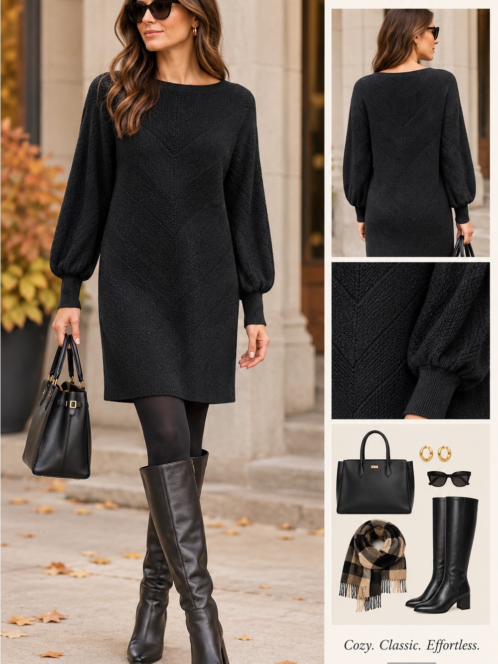 Carolina Belle Montreal Knit Sweater Dress Black Long Balloon Sleeve Medium